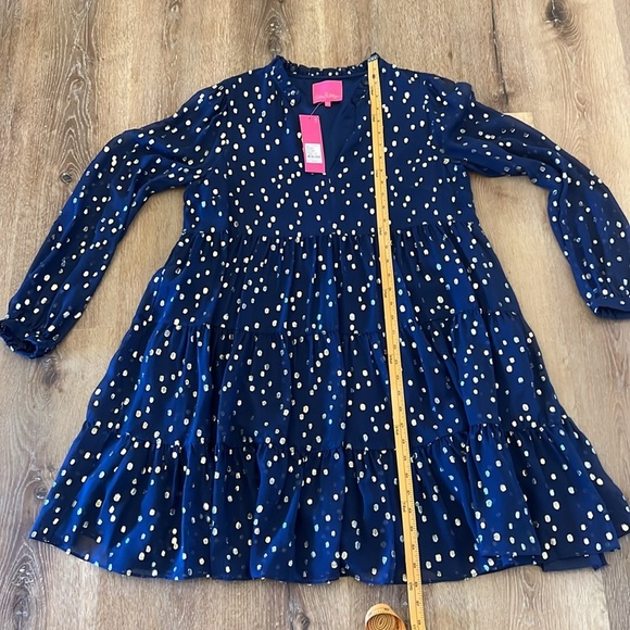 Lilly Pulitzer Sarita Silk Dress Navy Gold Metallic Silk Clip Size 10 - Picture 11 of 14